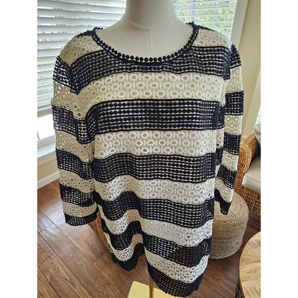 Talbots Eyelet Crocheted Black & White Striped Blouse 3/4 Sleeve Size XL NWT - Picture 2 of 9